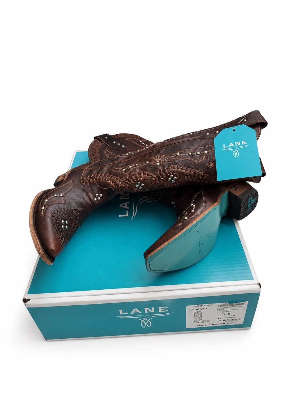 LANE Cossette Cognac Western Boots Leather Studded BNWT Box Size 7 - Picture 12 of 16